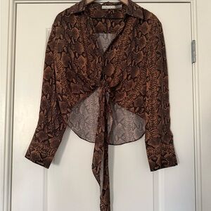 Alice + Olivia Brown Snake Print Tie-Front Blouse
